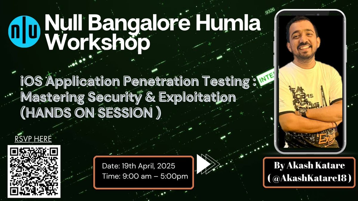 Join us for the hands-on null Bangalore Humla workshop iOS Pentesting by Akash Katare on April 19th, 2025.

📅 Date: April 19th, 2025
🕘 Time: 09:00 AM to 05:00 PM

Please review the events page before registering. This workshop is invite-only.

RSVP: null.community/events/1122-ba…