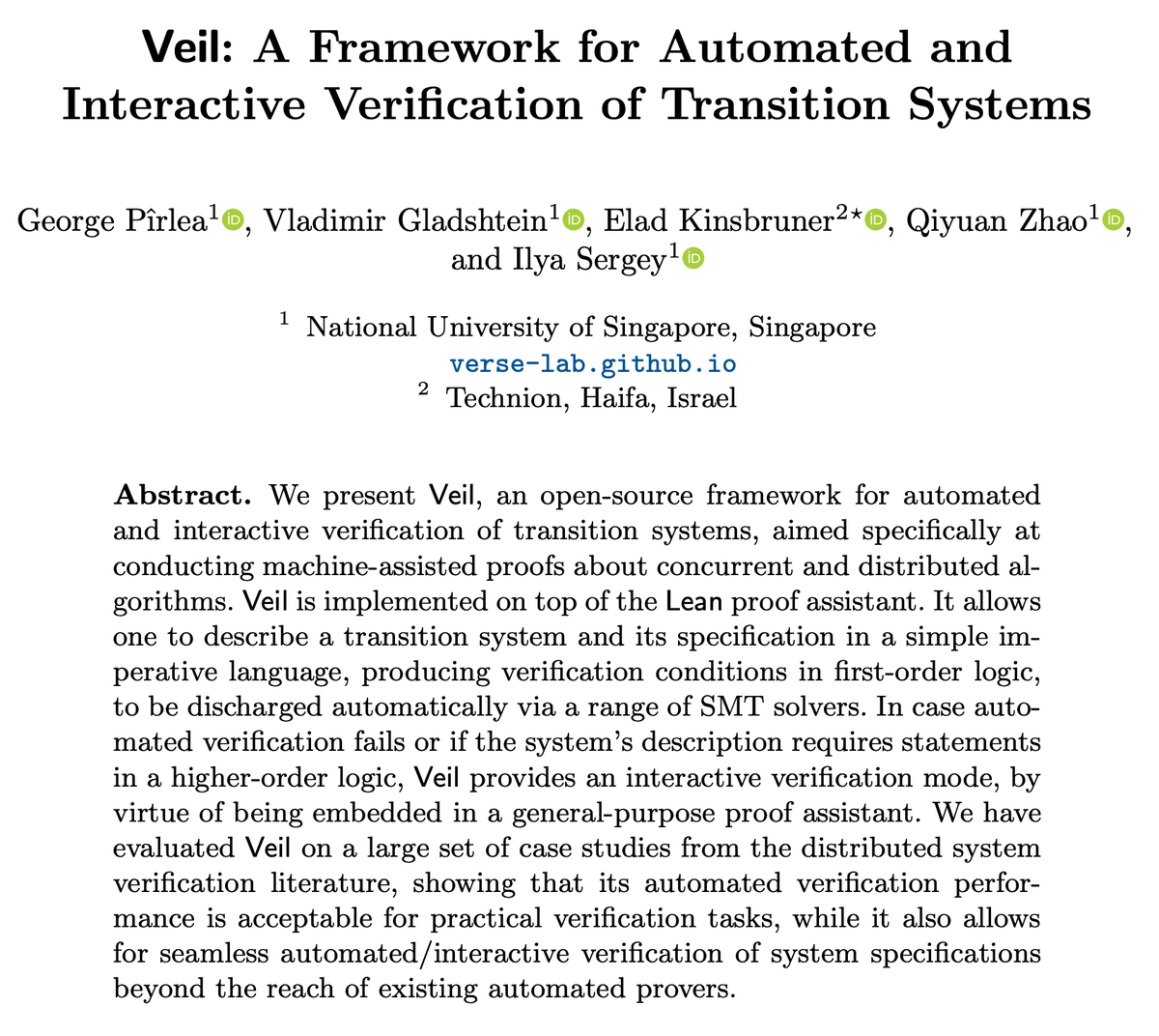 🚨 New tool &amp; paper! 🚨  
We’re excited to introduce Veil, a framework for verifying distributed &amp; concurrent systems both automatically and interactively — all inside the Lean proof assistant. 🧵