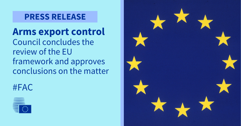 EUCouncilPress's tweet photo. Arms export control: @EUCouncil concludes the review of the EU framework for arms export control and approves conclusions on the matter.