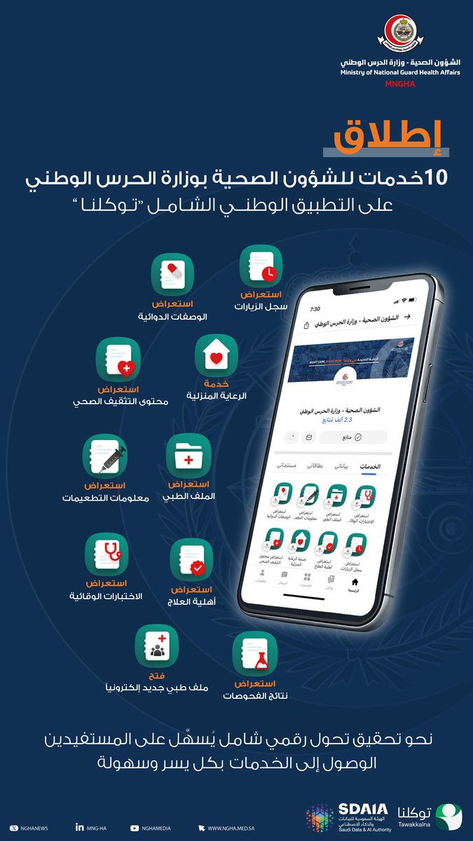 الشؤون الصحية بوزارة الحرس الوطني تطلق 10 خدمات صحية جديدة عبر تطبيق #توكلنا، بهدف تعزيز التحوّل الرقمي وتسهيل وصول المستفيدين إلى خدمات صحية ذات كفاءة وجودة عالية.

#MNGHA
#الصحة_الرقمية
#التحول_الرقمي