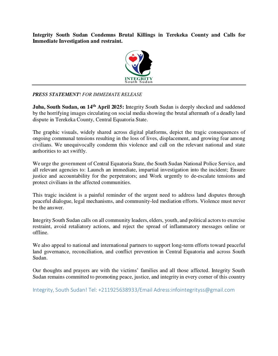 Integrity South Sudan (@integritysouth) on Twitter photo ISS strongly condemns the brutal killings linked to a deadly land dispute in Terekeka County CES.We call for urgent investigation,justice for the victims.Violence is not the answer,dialogue, accountability and peace must prevail.#SSOT
<a href="/USMissionJuba/">U.S. Embassy in Juba</a>
<a href="/AllardPrize/">Allard Prize</a> ISS strongly condemns the brutal killings linked to a deadly land dispute in Terekeka County CES.We call for urgent investigation,justice for the victims.Violence is not the answer,dialogue, accountability and peace must prevail.#SSOT
<a href="/USMissionJuba/">U.S. Embassy in Juba</a>
<a href="/AllardPrize/">Allard Prize</a>