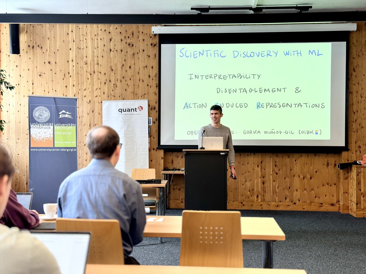 3rd Machine Learning and Quantum Physics Workshop started with a talk on representation learning in physics by Gorka Muñoz-Gil #MLQP #Obergurgl <a href="/tu_wien/">TU Wien</a> <a href="/OpticsOlomouc/">QOLO</a>