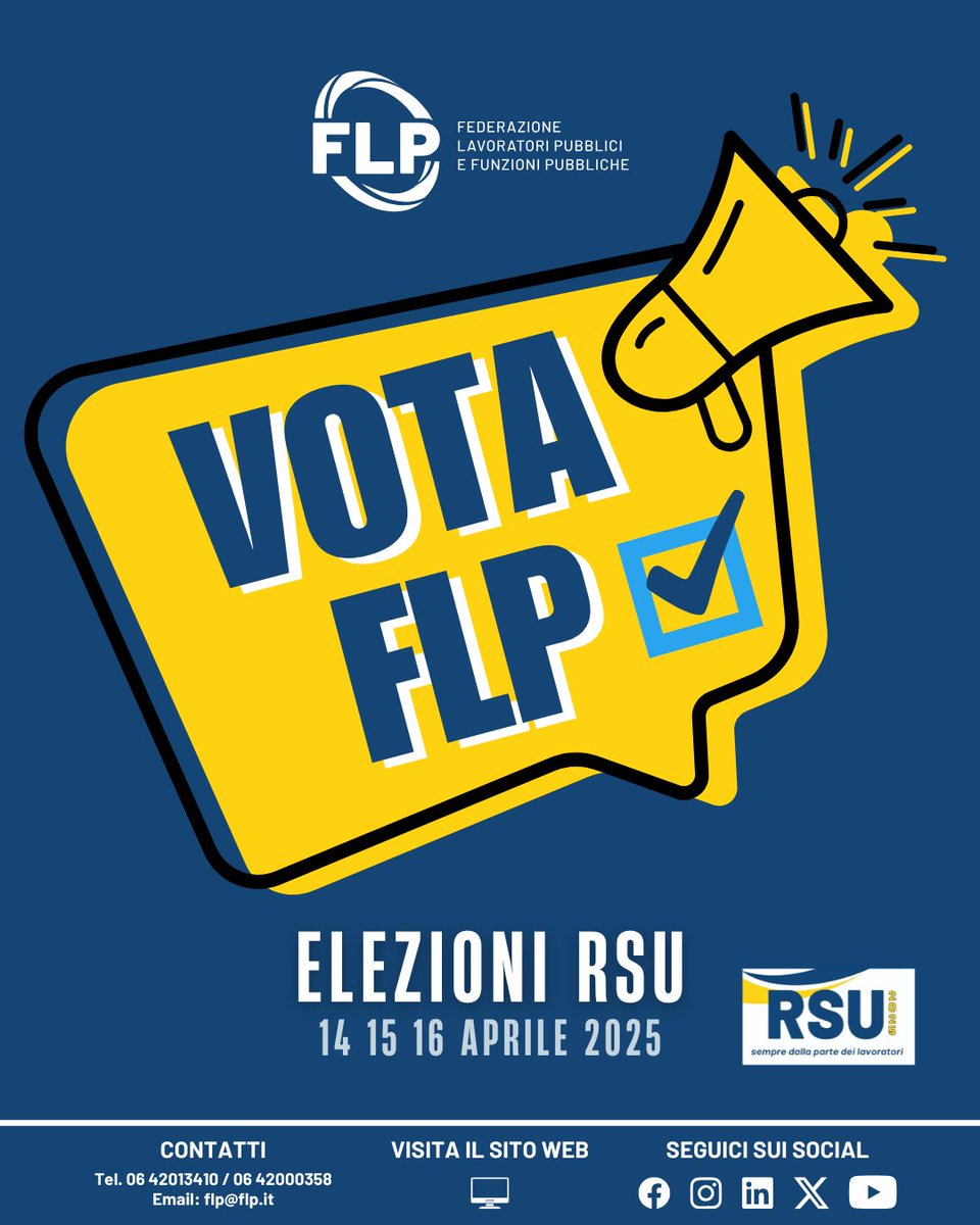 📢 Oggi è il grande giorno: si vota per le elezioni RSU 2025!
🗳️ Dal 14 al 16 aprile scegli chi è davvero dalla parte dei lavoratori pubblici.
📌 Vota FLP, la voce libera e compente nella PA.
👉🏼 Visita il nostro sito flp.it per scoprire di più

#VotaFLP #RSU2025