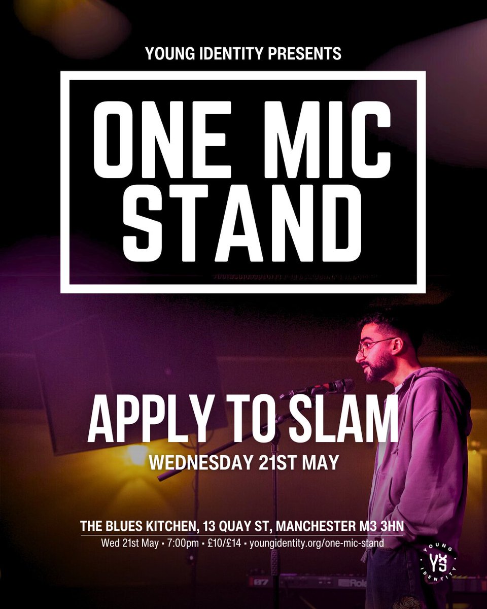 🏆 Three minutes could win you the title and a cash prize! One Mic Stand is an night of music and spoken word with Special Guest headliners.⁠  

🗓️ Wednesday 21st May 
🕖 7:00pm⁠ 
📍The Blues Kitchen Manchester  

Applications close 7th May. Apply at youngidentity.org/one-mic-stand