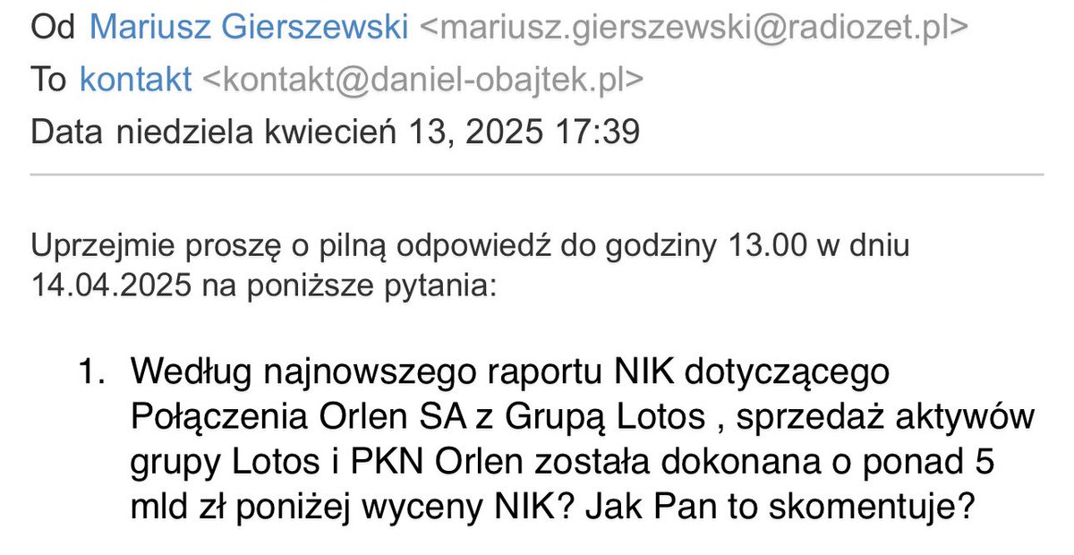 DanielObajtek's tweet photo. Redaktor @MariuszGierszew znów na tropie 🫣 Nie bez powodu akurat teraz, skoro jutro @GrupaORLEN ma opublikować raport roczny za 2024 rok. 

Znowu wyciek danych i znowu zbieżność zdarzeń? 

Pytanie, skąd Gierszewski „zdobył” dane z najnowszego raportu @NIKgovPL, skoro raport nie został nigdzie opublikowany, a zawiera mnóstwo wrażliwych danych, których ujawnienie podważa wiarygodność koncernu i godzi w bezpieczeństwo energetyczne Polski oraz regionu ❗️

Tak wygląda właśnie ład korporacyjny, który Pan Fąfara tak bardzo chciał poprawiać.