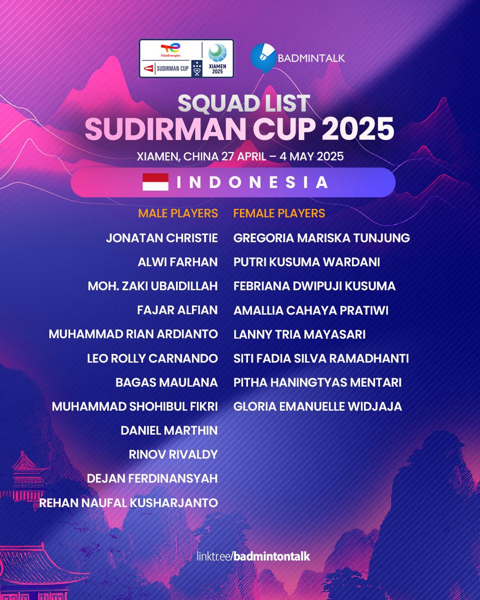 BREAKING

Indonesian Squad for #SudirmanCup2025

All the best untuk tim Indonesia!