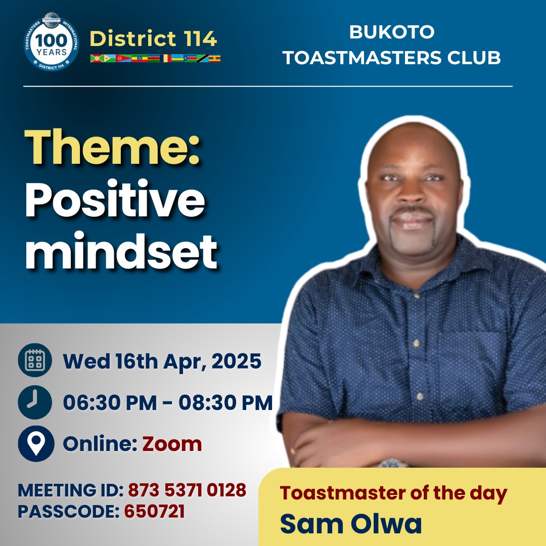 Join us at Bukoto Toastmasters Club tomorrow, Wednesday, 16th April 2025 at 6:30 PM for an inspiring Bukoto #Toastmasters meeting on Zoom!