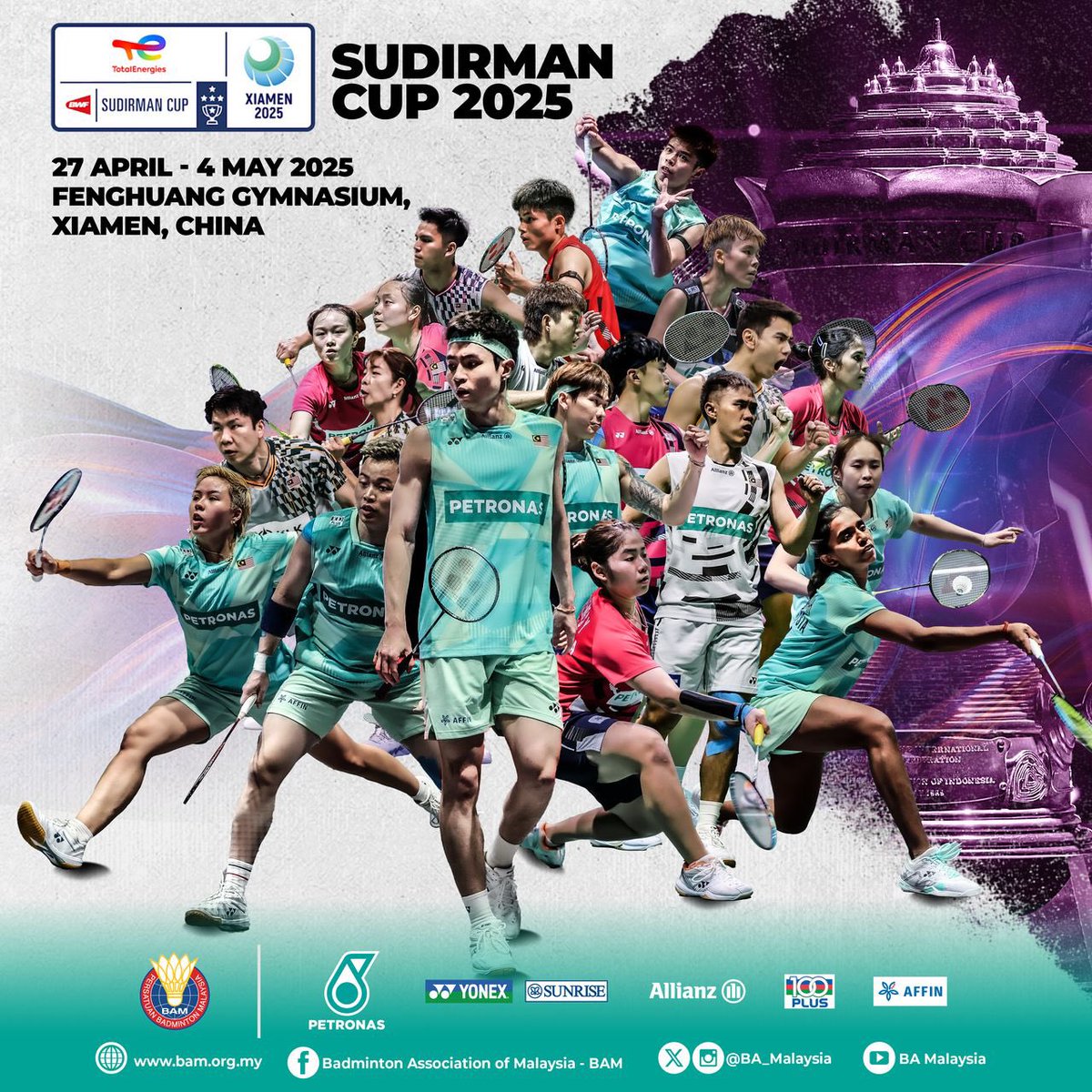 OFFICIAL: MALAYSIA NAMES 20-PLAYER LINEUP FOR #SudirmanCup2025

BAM has confirmed the squad for the prestigious mixed team event, to be held from 27 April – 5 May in Xiamen, China.

📍Centralised camp kicks off tomorrow at PETRONAS ABM.

Men’s Singles
1. Leong Jun Hao
2. Justin
