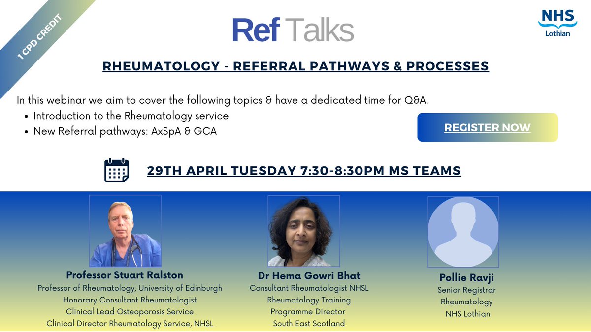 The next RefTalks is on Rheumatology. We have Lothian's experts presenting on AxSpA pathway, GCA including a dedicated time for Q&amp;A. Hurry &amp; register now: apps.nhslothian.scot/refhelp/educat…