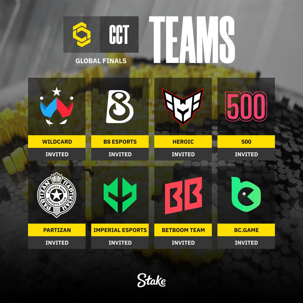 Champion of Champions Tour CS2 (@cct_cs) on Twitter photo Meet the Invited Teams for the CCT Global Finals Season 2 📨
<a href="/Wildcard_GG/">Wildcard</a>
<a href="/B8esportsGG/">B8 Esports</a>
<a href="/heroicgg/">HEROIC</a>
<a href="/500esports/">500</a>
<a href="/esportspartizan/">Partizan Esports</a>
<a href="/imperialesports/">Imperial Gamdom</a>
<a href="/BetBoomTeam/">BetBoom Team</a>
<a href="/BCGameEsports/">BC Game Esports</a> Meet the Invited Teams for the CCT Global Finals Season 2 📨
<a href="/Wildcard_GG/">Wildcard</a>
<a href="/B8esportsGG/">B8 Esports</a>
<a href="/heroicgg/">HEROIC</a>
<a href="/500esports/">500</a>
<a href="/esportspartizan/">Partizan Esports</a>
<a href="/imperialesports/">Imperial Gamdom</a>
<a href="/BetBoomTeam/">BetBoom Team</a>
<a href="/BCGameEsports/">BC Game Esports</a>