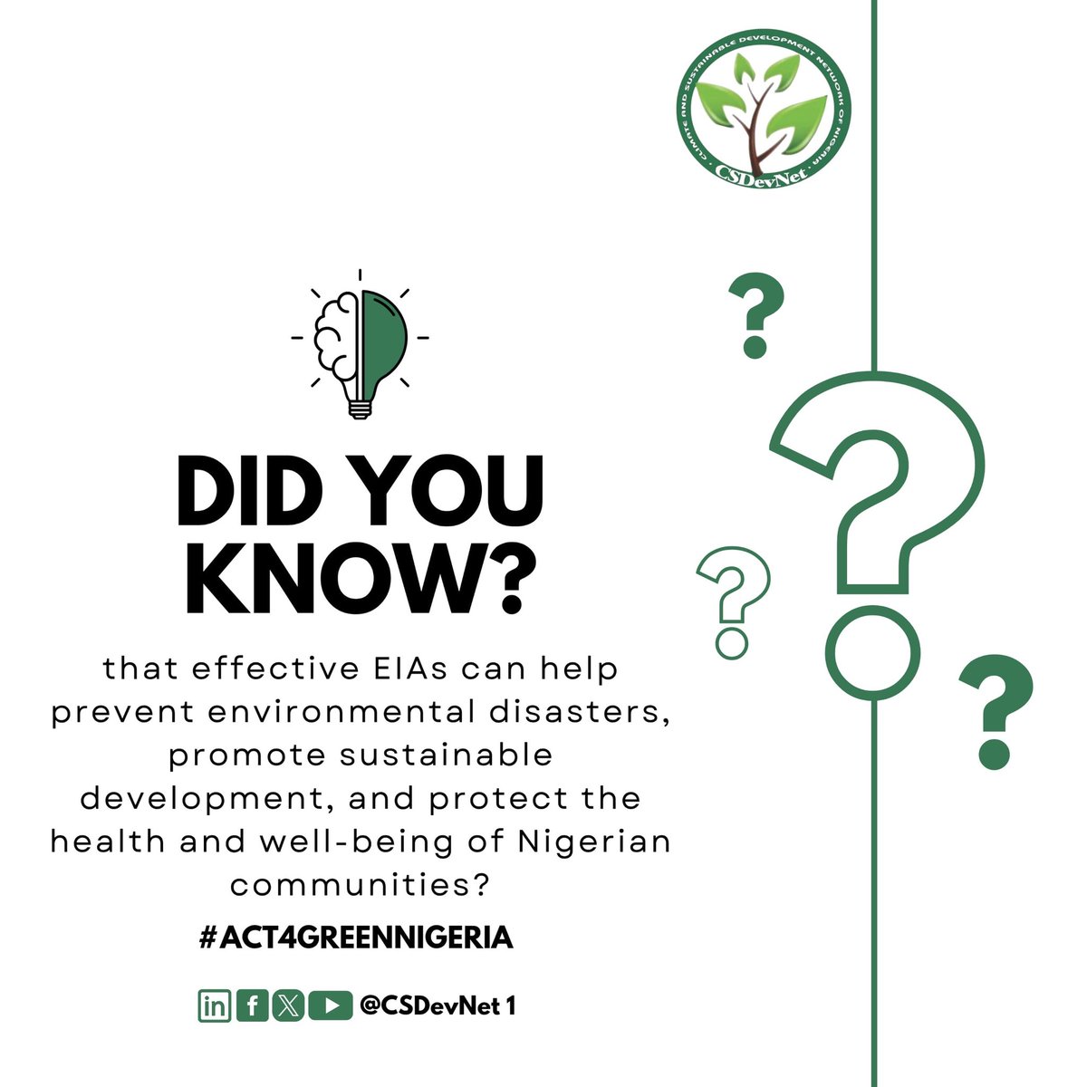 DID YOU KNOW?

Nigeria’s 🇳🇬 Environmental Impact Assessment (EIA) Act was enacted in 1992 to ensure that development projects carefully consider their environmental impact before implementation.🌿🌿🌳

#Environment #EIA #Nigeria #ClimateAction #act4greennigeria #WhatHasChanged