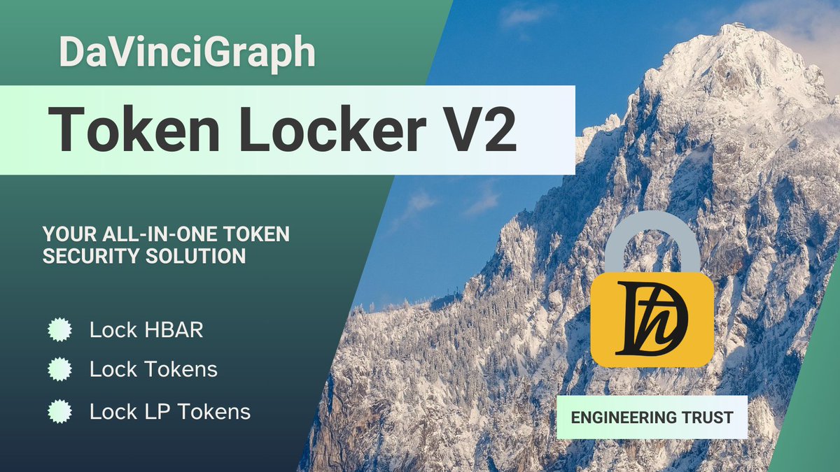 davincigraph's tweet photo. Token locker builds trust, secure liquidity &amp; and protects communities from rug pulls.

DaVinciGraph 
Token Locker leads with:

$9.62M Tokens Locked 🔒
$1.2M Liquidity Tokens Locked 🔒

Secure your project’s future today!

#Hedera $HBAR https://t.co/NPuArCz8EC