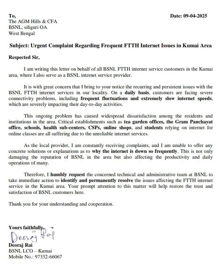 <a href="/BSNLCorporate/">BSNL India</a> BSNL FTTH &amp; mobile services in Kumai, Jaldhaka (Kalimpong, WB) are extremely poor. Restorations take over a day! Customers are frustrated &amp; switching to other providers daily. Please take urgent action to improve services. — BSNL LCO Kumai <a href="/BSNL_WB/">BSNL_WestBengal</a> @