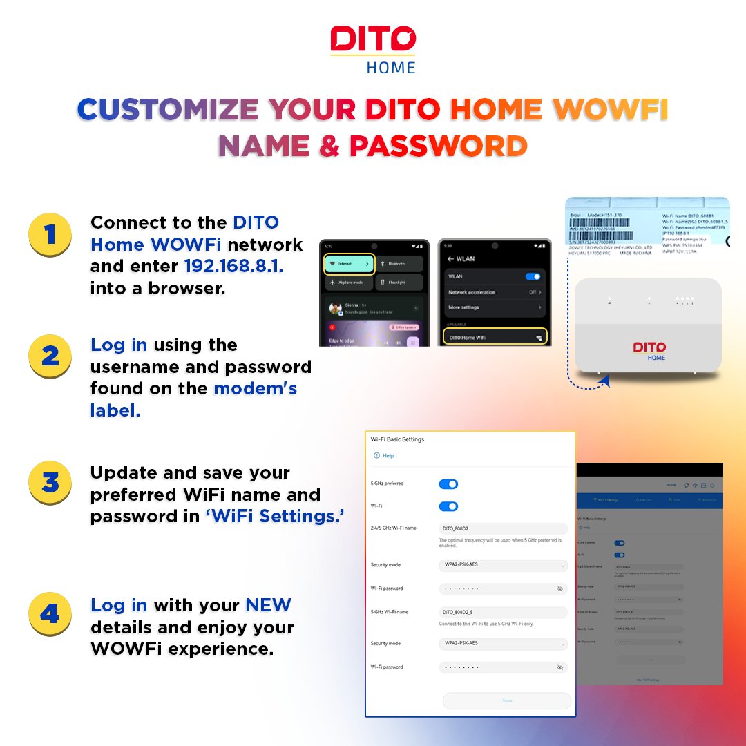 DITOphofficial's tweet image. Personalize your DITO Home WOWFi experience by changing your WiFI name and password! Follow these easy steps 💪

#DITOTelecommunity #DITOph