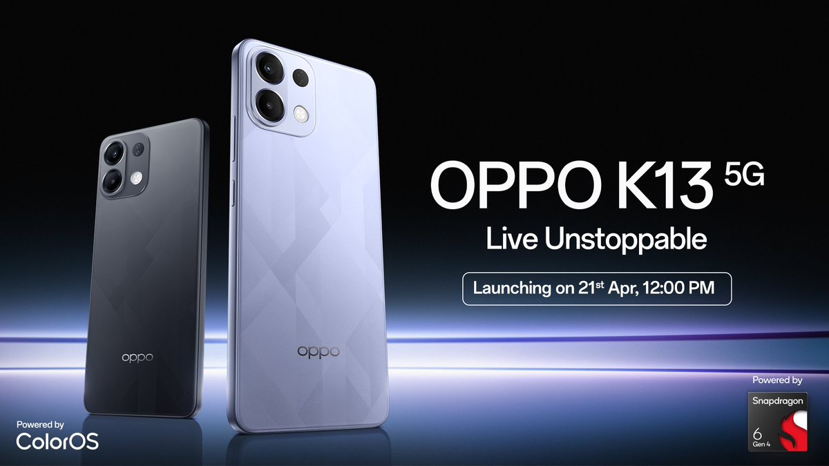 OPPO's K-series is back in 🇮🇳 India and the device is quite feature packed.

OPPO K13 is launching with 🔻
- Snapdragon 6 Gen 4
- 7,000 mAh battery
- 80W fast charging
- 120Hz AMOLED display
- VC cooling

Launching on April 21st! Thoughts? #OPPOK13