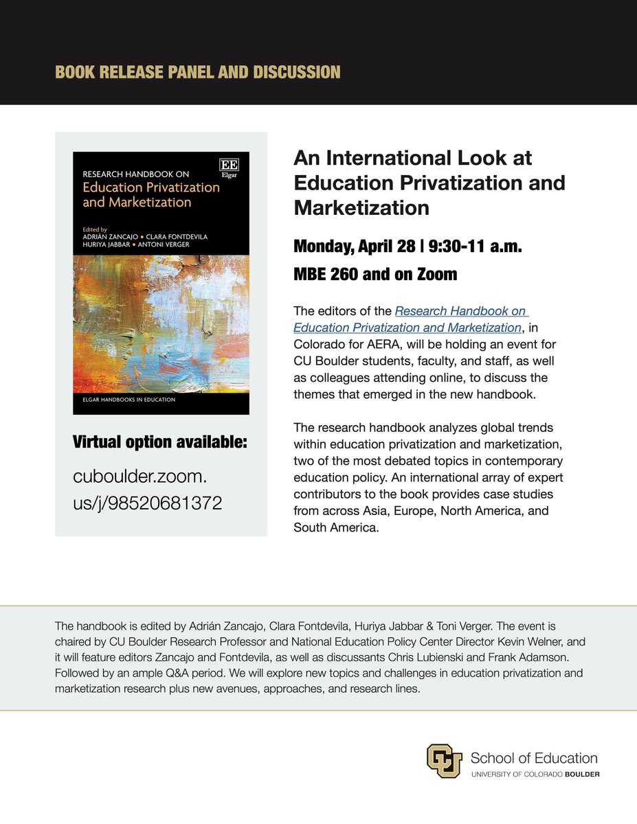 Adrián Zancajo (@adrianzancajo) on Twitter photo We will be presenting the Research Handbook on Education Privatization and Marketization with Kevin Welner, <a href="/CLub_edu/">Chris Lubienski</a> and <a href="/frankadamson/">Dr. Frank Adamson</a> on April 28 at <a href="/cueducation/">CU Boulder Education</a>. Join us in person or online: cuboulder.zoom.us/j/98520681372 — 9:30 AM (UTC-6) We will be presenting the Research Handbook on Education Privatization and Marketization with Kevin Welner, <a href="/CLub_edu/">Chris Lubienski</a> and <a href="/frankadamson/">Dr. Frank Adamson</a> on April 28 at <a href="/cueducation/">CU Boulder Education</a>. Join us in person or online: cuboulder.zoom.us/j/98520681372 — 9:30 AM (UTC-6)