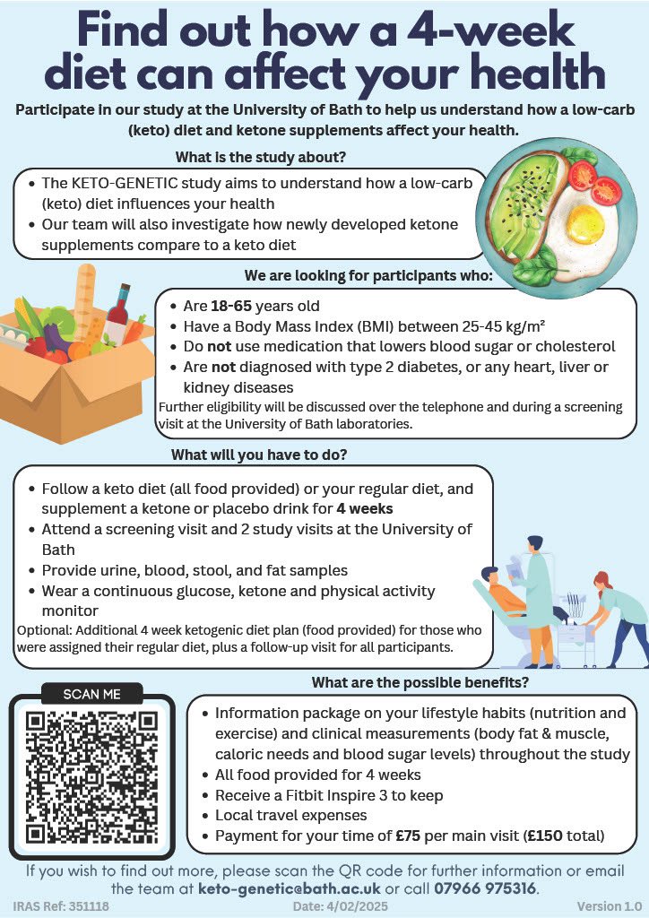 Centre for Nutrition, Exercise and Metabolism (@cnem_bath) on Twitter photo Participants wanted to understand the role of a very-low carbohydrate (ketogenic) diet and ketone supplements on health!
Please see the poster for further information and if you are interested in finding out more, please contact us at KETO-GENETIC@bath.ac.uk or call 07966 975316 Participants wanted to understand the role of a very-low carbohydrate (ketogenic) diet and ketone supplements on health!
Please see the poster for further information and if you are interested in finding out more, please contact us at KETO-GENETIC@bath.ac.uk or call 07966 975316