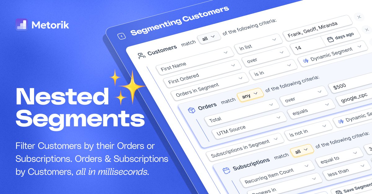 Metorik (@metorikhq) on Twitter photo Me: “I just want to see customers who bought once from my Google Ads, spent over $500, clicked my Facebook ad but ghosted their subscription.”
✨ Nested Segments: "… say no more." 
Turn complex queries to insights, in milliseconds, not minutes.
#WooCommerce #Shopify Me: “I just want to see customers who bought once from my Google Ads, spent over $500, clicked my Facebook ad but ghosted their subscription.”
✨ Nested Segments: "… say no more." 
Turn complex queries to insights, in milliseconds, not minutes.
#WooCommerce #Shopify