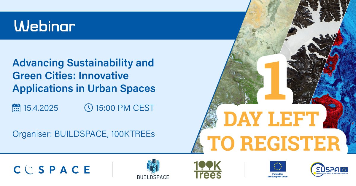 100KTREES (@100ktrees_eu) on Twitter photo 🚨 Just 1 day left to register!
Don’t miss the webinar “Advancing Sustainability and Green Cities: Innovative Applications in Urban Spaces” 🌱🏙️
📅 15 April 2025
🕒 15:00 CEST
Organised by <a href="/BUILDSPACE_EU/">BUILDSPACE project</a> & #100KTREEs
🔗register here: lnkd.in/eNYNUpG8
<a href="/EU4Space/">🇪🇺 EUSPA - EU Agency for the Space Programme</a> 🚨 Just 1 day left to register!
Don’t miss the webinar “Advancing Sustainability and Green Cities: Innovative Applications in Urban Spaces” 🌱🏙️
📅 15 April 2025
🕒 15:00 CEST
Organised by <a href="/BUILDSPACE_EU/">BUILDSPACE project</a> & #100KTREEs
🔗register here: lnkd.in/eNYNUpG8
<a href="/EU4Space/">🇪🇺 EUSPA - EU Agency for the Space Programme</a>