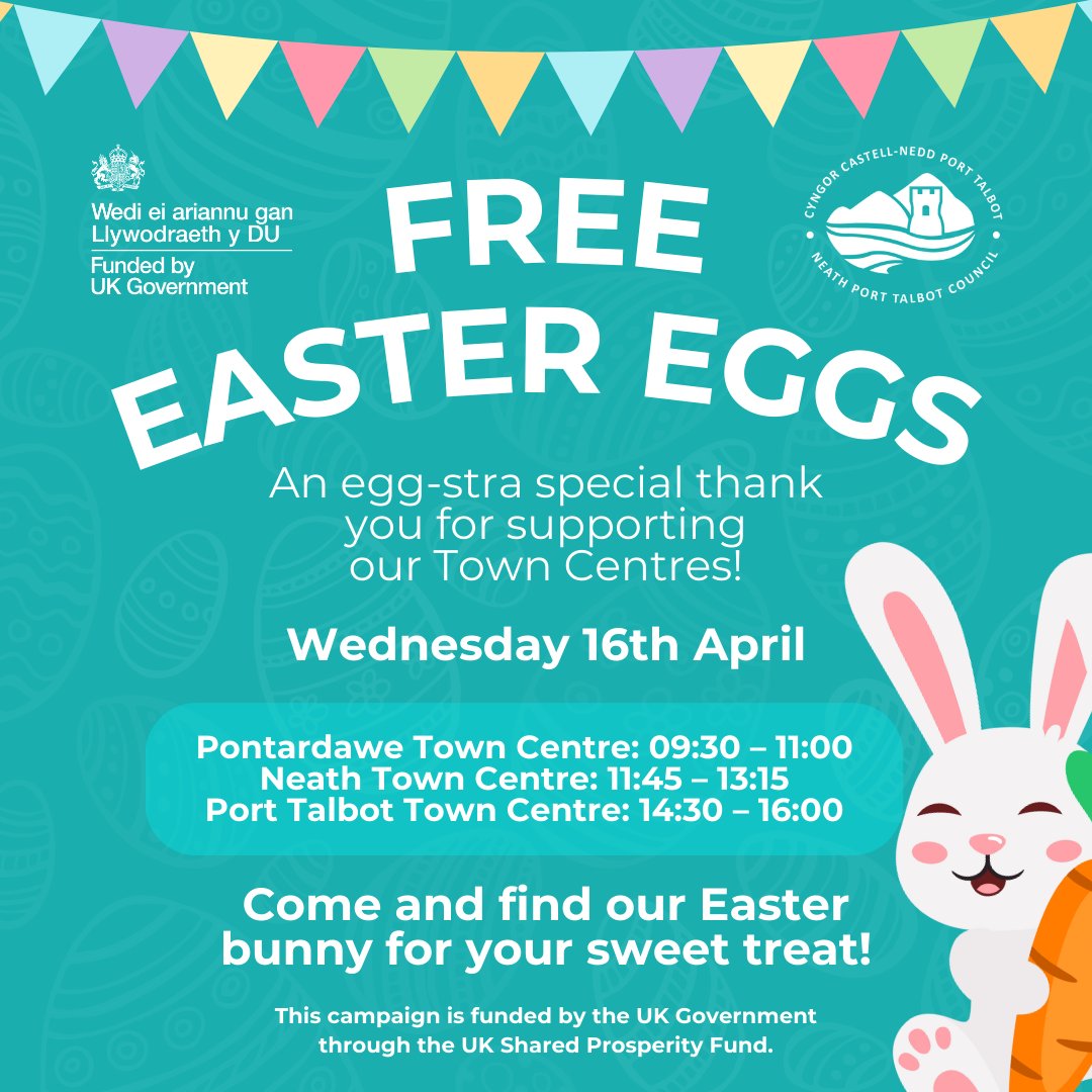 FREE Easter Eggs this Easter Holiday! 🐰

Find our Easter bunny on Wednesday 16th April with chocolate eggs to give away! Be quick because when they're gone, they're gone! 🏃‍♂️

This campaign is funded by the UK Government through the UK Shared Prosperity Fund.

#UKSPF #Easter