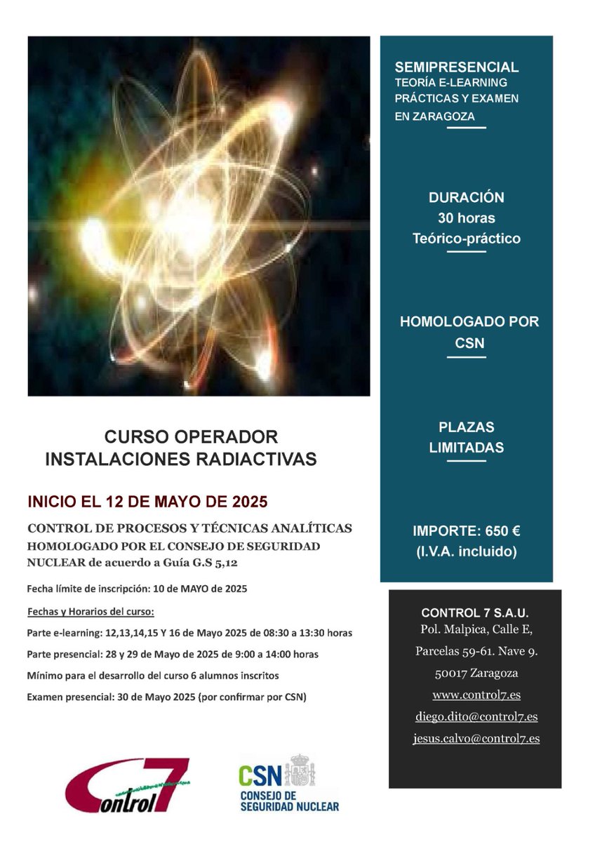 🚨 ¡Atención profesionales! 🚨
Control 7: cursos homologados CSN
✅ CPTA, RT, MN
✅ Radiodiagnóstico General: 28/04-06/05
🎓 ¡Inscríbete ahora!
#FormaciónHomologada #CSN #Radiología #Control7
