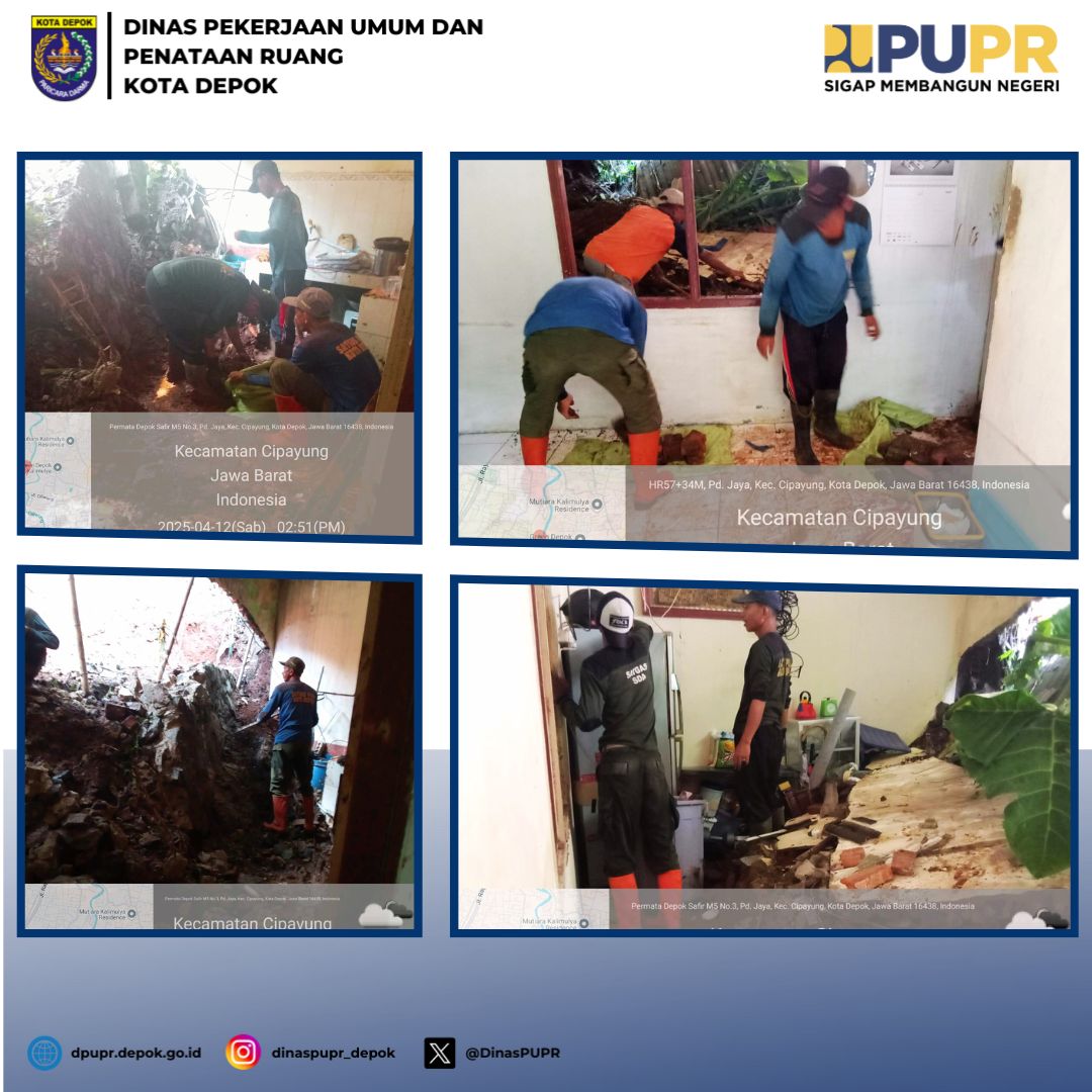 Penanganan Longsor di Perumahan Permata Depok Blok Safir RT 12 RW 07 Kelurahan Pondok Jaya, Kecamatan Cipayung. 
Longsor terjadi pada Sabtu (12/04) saat hujan lebat. Akibatnya, tembok salah satu rumah warga jebol dan merusak seisi ruang dapur.

cc : <a href="/bangsupians/">Supian Suri</a> <a href="/pemkotdepok/">PEMERINTAH KOTA DEPOK | #AyoPakaiMasker</a>