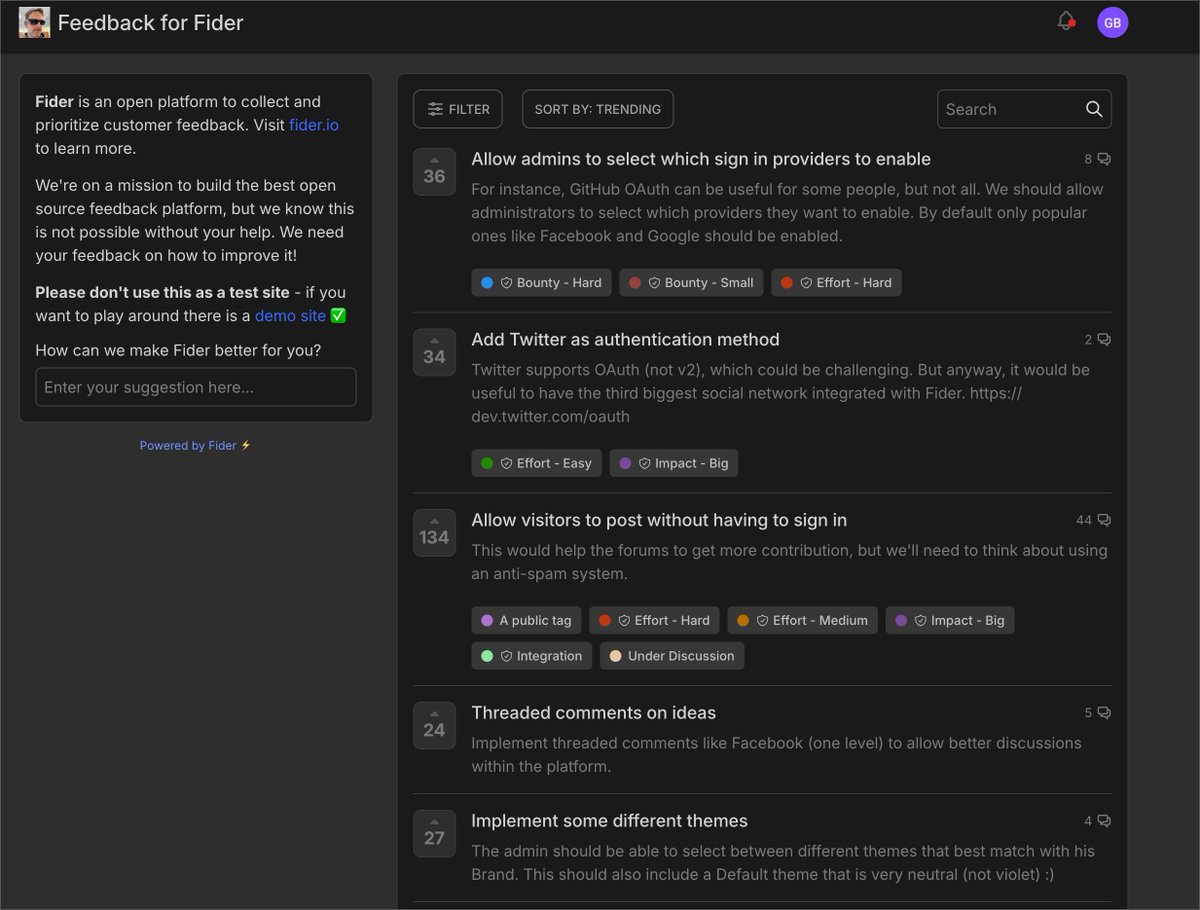 getfider's tweet image. You still here? You really should be on bluesky you know. 

Anyway, dark mode in Fider looks nice doesn&apos;t it.. dropping soon