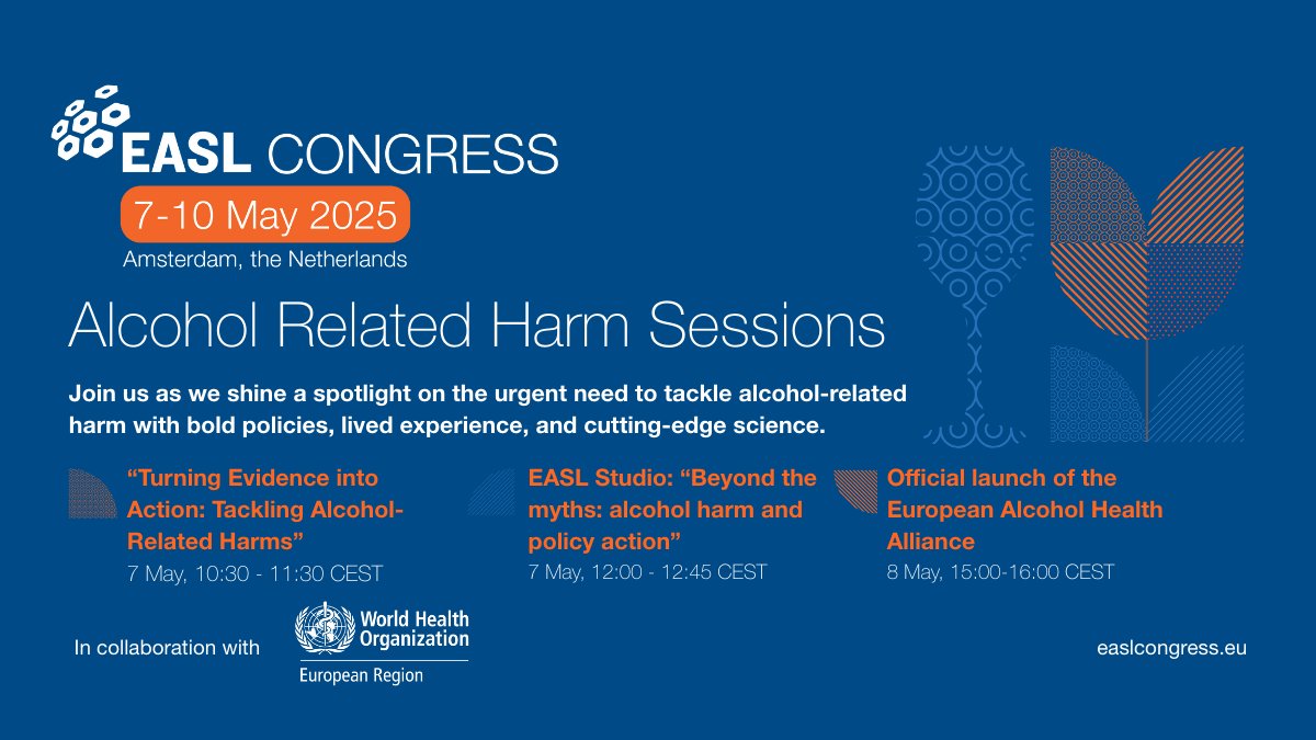 EASLnews (@easlnews) on Twitter photo 🍷🚫EASL will spotlight alcohol harm reduction at #EASLCongress 2025 with key events on 7–8 May, in collaboration with <a href="/WHO_Europe/">WHO/Europe</a>
The Opening Ceremony on 7 May will feature public health leaders from Spain, Estonia, and WHO Europe. 🌷
On the same day, the #EASLStudio session 🍷🚫EASL will spotlight alcohol harm reduction at #EASLCongress 2025 with key events on 7–8 May, in collaboration with <a href="/WHO_Europe/">WHO/Europe</a>
The Opening Ceremony on 7 May will feature public health leaders from Spain, Estonia, and WHO Europe. 🌷
On the same day, the #EASLStudio session