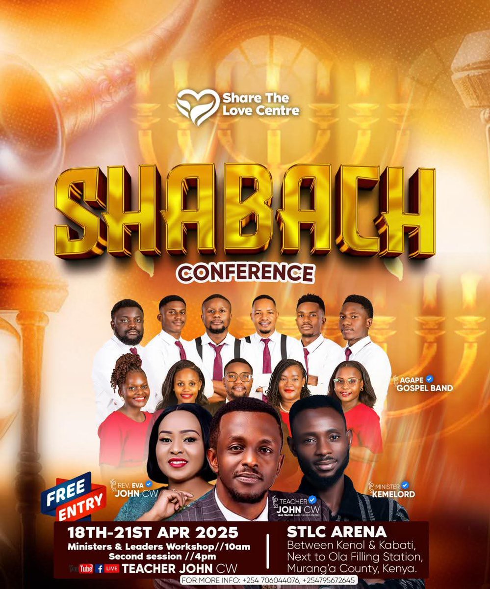 AGAPEGOSPELBAND's tweet photo. SHABACH Conference 2025 🇰🇪

This will be happening from 18th- 21st April, 2025 at Share the Love Arena.

Please note, the entrance is FREE but registration is mandatory using the link below:

https://t.co/ASR7umI7WH https://t.co/D8ReLOKZKs