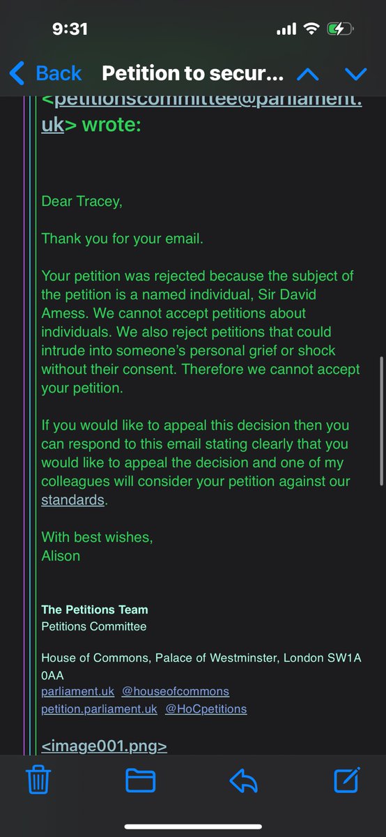 KatieAmess's tweet photo. Lots of people have been asking for an update on my petition. 

The reasons it is being blocked are:

1. It would intrude on my grief (I will be the judge of that thank you).

2. It calls for an action outside of government. (I’m asking GOVERNMENT to do an inquiry … something they’re in charge of).

3. It names an individual. (Not sure how any petitions are processed without naming the subject).

4. They advise me to take it up with my local MP. (That has to be some kind of joke to rub salt into my wounds). 

🚨‼️Another example of trying to shut me down and get me to go away. I can’t do another platform for the petition as this is the ONLY one the government will consider a debate to happen if you get enough support. So I’m being silenced yet again so the public can’t show their support of this campaign. ⏰🔔

I thought we lived in a democracy?

#justiceforsirdavid
