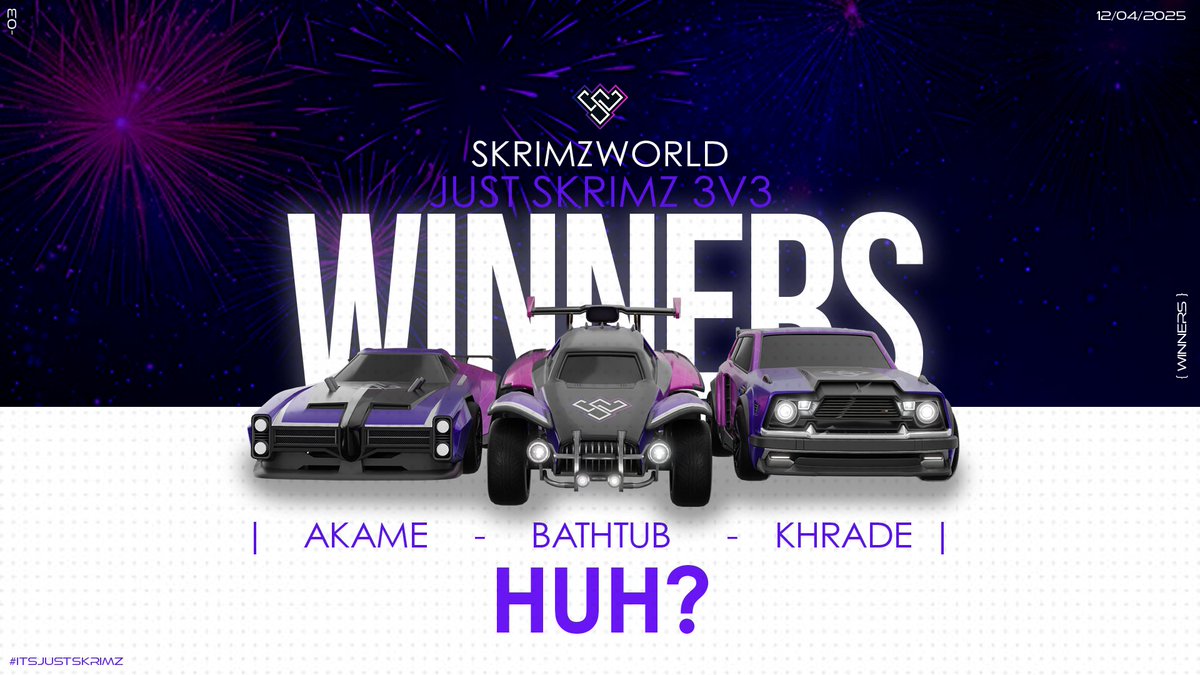 SKRIMZWORLD (@skrimzworld) on Twitter photo Congrats to team HUH? for winning the Just Skrimz 3v3 🏆 taking home $300 AUD for their performance over the weekend!
💫 <a href="/Akame_02/">Akamé</a> 
✨ <a href="/BathTubRL/">Bathy</a>  
🌟 <a href="/Khrade_/">Khrade</a>  
HUGE thanks to the team at SWG, all the players who participated and the community who watched the live stream! Congrats to team HUH? for winning the Just Skrimz 3v3 🏆 taking home $300 AUD for their performance over the weekend!
💫 <a href="/Akame_02/">Akamé</a> 
✨ <a href="/BathTubRL/">Bathy</a>  
🌟 <a href="/Khrade_/">Khrade</a>  
HUGE thanks to the team at SWG, all the players who participated and the community who watched the live stream!