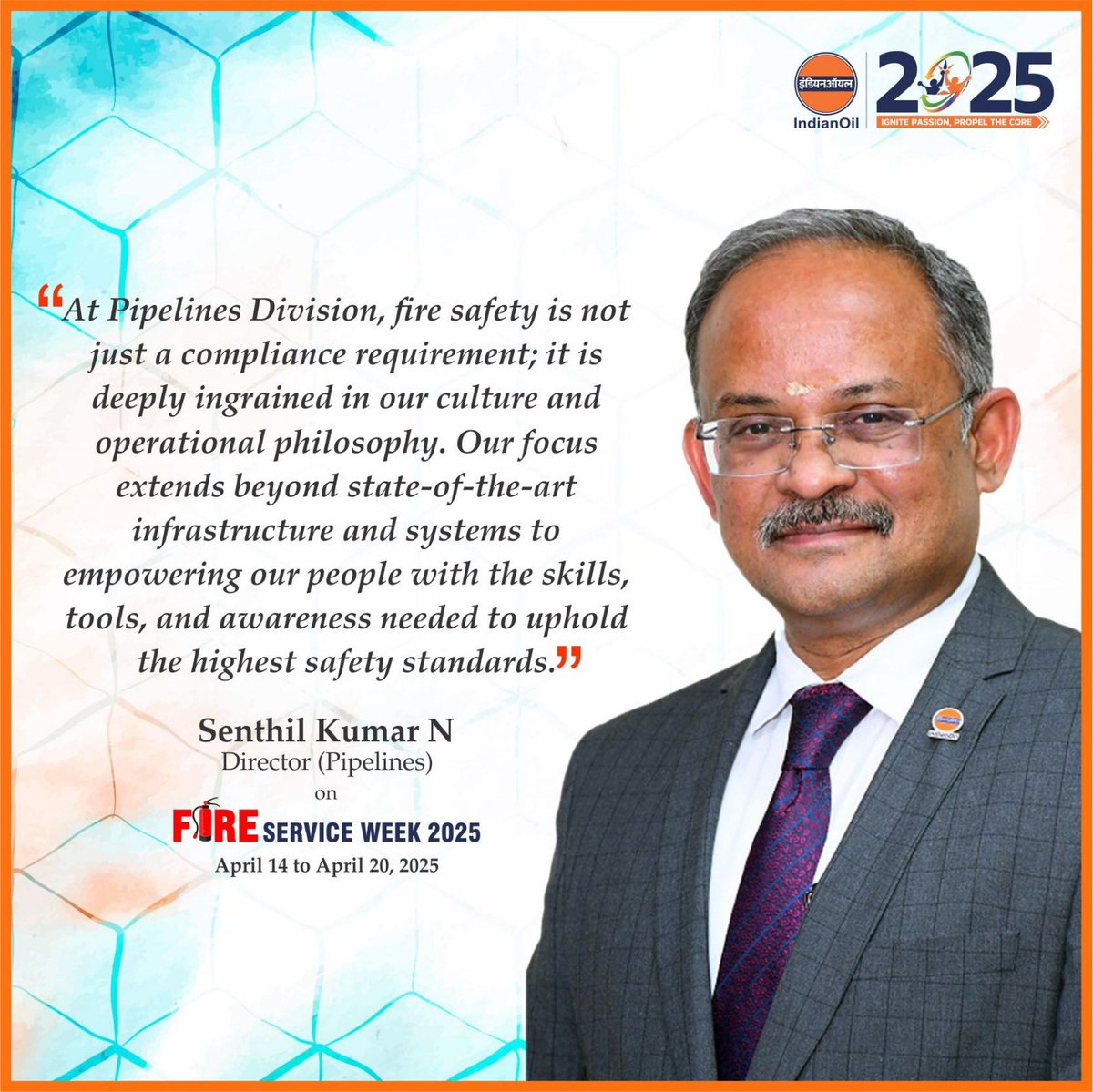 IndianOil Pipelines Division (@iocl_plho) on Twitter photo Mr Senthil Kumar N <a href="/Dirpl_iocl/">Director (Pipelines), Indian Oil</a> on the occasion of Fire Service Week 2025.
#FireServiceWeek2025 #IndianOil #SafetyFirst Mr Senthil Kumar N <a href="/Dirpl_iocl/">Director (Pipelines), Indian Oil</a> on the occasion of Fire Service Week 2025.
#FireServiceWeek2025 #IndianOil #SafetyFirst