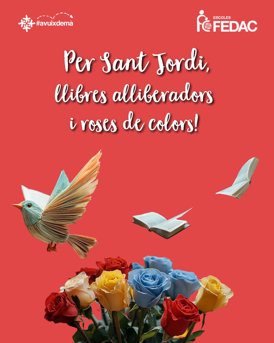 Contempla la bellesa d’un poble que s’expressa amb llibres i roses! Celebrem la
cultura, perquè un llibre allibera, i regalem roses per omplir el món d'amor i de
colors. Molt bona diada de #SantJordi!

#escolesFEDAC #avuixdemà #escolacatalana
#EscolesAutèntiquesxPersonesÚniques