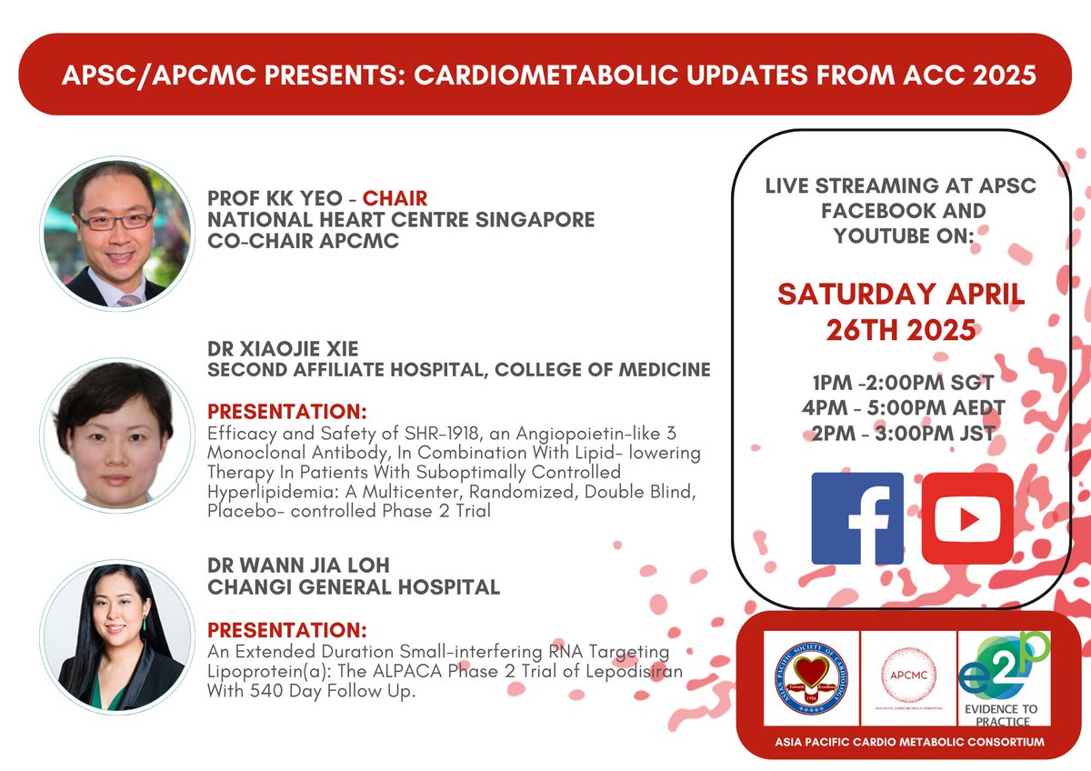 Asian Pacific Society of Cardiology (@apsc_office) on Twitter photo ๐ข APSC/APCMC Webinar:
Highlights of Hot Cardiometabolic Topics from the ACC 2025
๐
Apr 26 (Sat)
๐ 13:00 GMT+8 | 14:00 JST | 16:00 AEDT
๐๏ธ Prof. KK Yeo, Dr. XJ Xie, Dr. WJ Loh
๐บ Live:
๐ YouTube
๐ APSC FB
๐ฉโโ๏ธ๐จโโ๏ธ All HCPs welcome!
#APSC #APCMC #ACC2025 #Cardiology ๐ข APSC/APCMC Webinar:
Highlights of Hot Cardiometabolic Topics from the ACC 2025
๐
Apr 26 (Sat)
๐ 13:00 GMT+8 | 14:00 JST | 16:00 AEDT
๐๏ธ Prof. KK Yeo, Dr. XJ Xie, Dr. WJ Loh
๐บ Live:
๐ YouTube
๐ APSC FB
๐ฉโโ๏ธ๐จโโ๏ธ All HCPs welcome!
#APSC #APCMC #ACC2025 #Cardiology