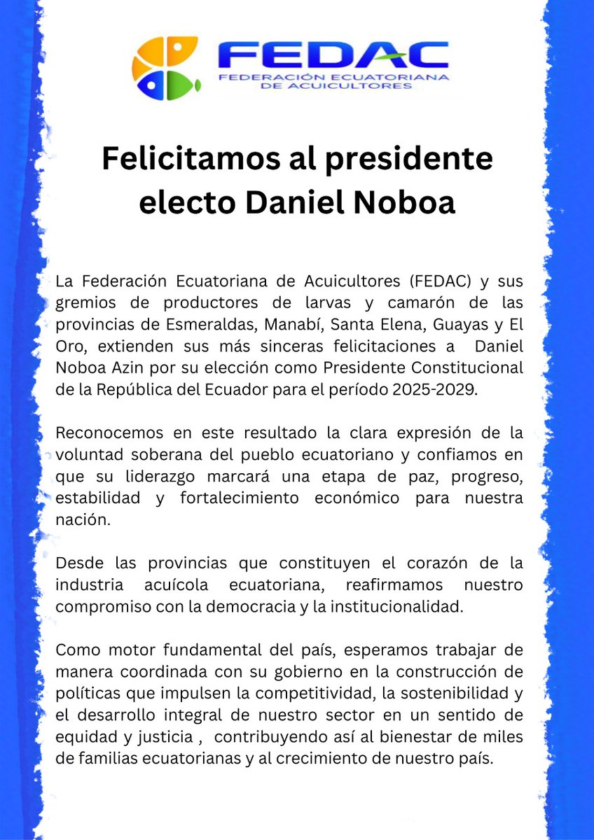 <a href="/DanielNoboaOk/">Daniel Noboa Azin</a> <a href="/Presidencia_Ec/">Presidencia Ecuador 🇪🇨</a> <a href="/LuisJaramilloOK/">Luis Alberto Jaramillo</a> <a href="/IvanovaCereceda/">Ivanova Cereceda</a> <a href="/oswincm/">Oswin Crespo Mera</a> <a href="/ASOLAP1/">ASOLAP</a> <a href="/Copehual/">Cooperativa Hualtaco</a> <a href="/Camaroneros_Oro/">cpceo</a> <a href="/alcafiorense/">Vinicio Carpio</a> <a href="/APROCAMJK082009/">APROCAM</a> <a href="/Danilo_Rengifo/">Danilo Rengifo</a> <a href="/annabellaaz/">anna bell</a> <a href="/RinaCampainB/">Rina Campain</a> <a href="/Produccion_Ecu/">Ministerio de Producción</a> <a href="/Riesgos_Ec/">Riesgos Ecuador</a> <a href="/j_phillips73/">Julian Phillips</a> <a href="/JohnReimberg/">John Reimberg</a>  <a href="/DefensaEc/">Ministerio de Defensa Nacional del Ecuador</a> <a href="/ElssieSantos/">ELSSIE SANTOS</a>