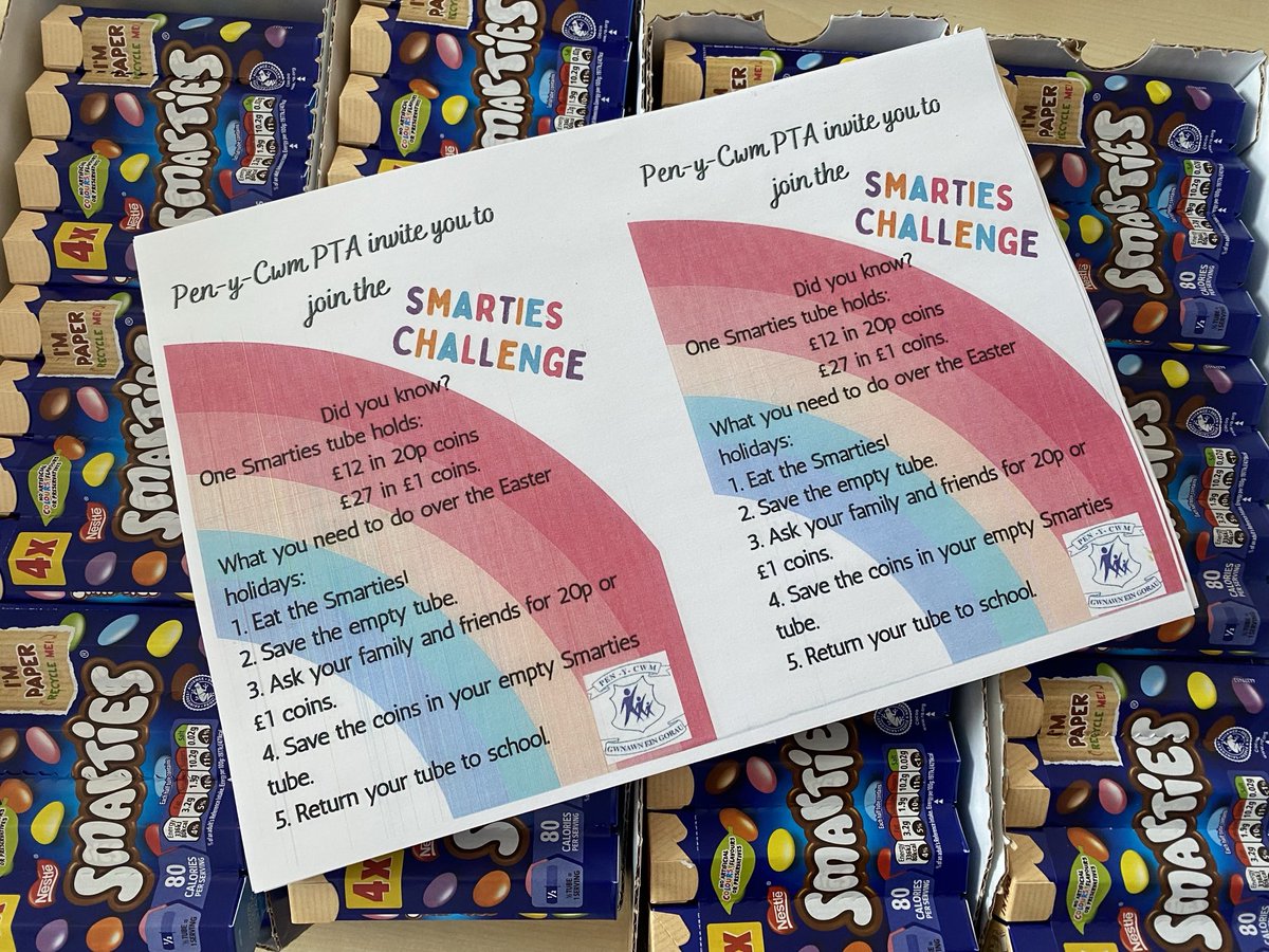 Don’t forget that you each have 2 weeks to eat the smarties, then fill the tube with as many coins as you can (20 pences and £1 coins fit perfectly). Huge thanks to ⁦<a href="/Tesco/">Tesco</a>⁩ in Ebbw Vale for donating all the sweets to our PTFA. #community #EasterTreats #fundraising