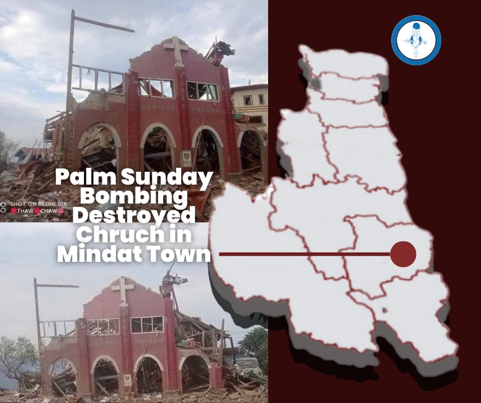 At 4 p.m. on April 13, the junta launched an airstrike on Mindat, destroying Myoma Baptist Church. No injuries were reported, as worshippers had avoided the church due to its vulnerability to air attacks. It is the second church destroyed by an airstrike in the area within a week