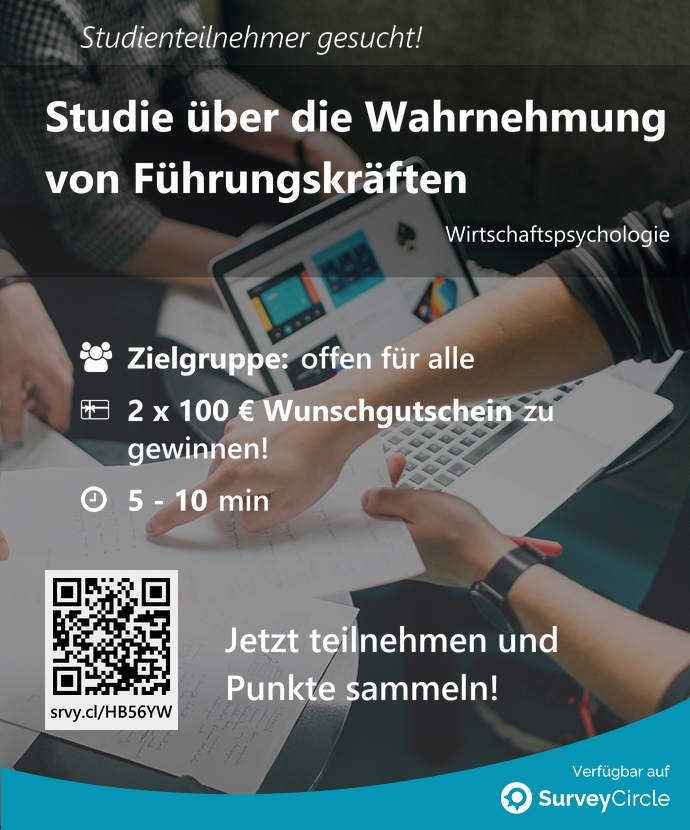 SurveyCircle's tweet image. Teilnehmer gesucht für top-platzierte Online-Studie:

"Studie über die Wahrnehmung von Führungskräften" surveycircle.com/HB56YW/ via @SurveyCircle #fomhochschule

#führung #führungskraft #leadership #FullRangeOfLeadership #führungsverhalten