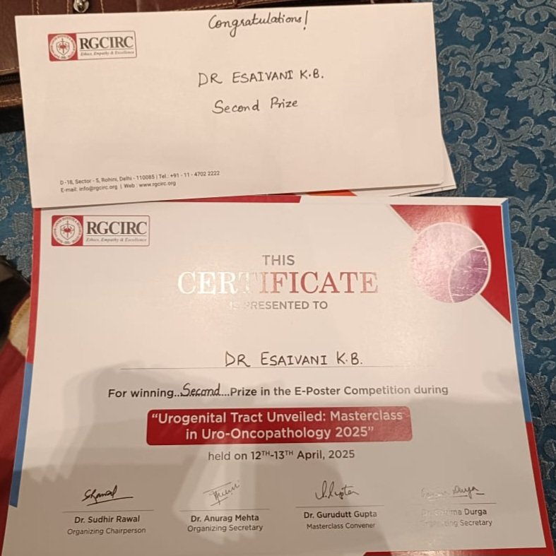 Proud moment for us as Dr. Esai Vani our PDCC Uro-Oncopathology fellow secured 2 prize in E poster presentation at  the International uro meet at Rajiv Gandhi cancer Hospital , New Delhi. She is felicitated by Uro-Oncopathology faculty Dr. Jonathan Epstein and Dr. Mahul Amin.