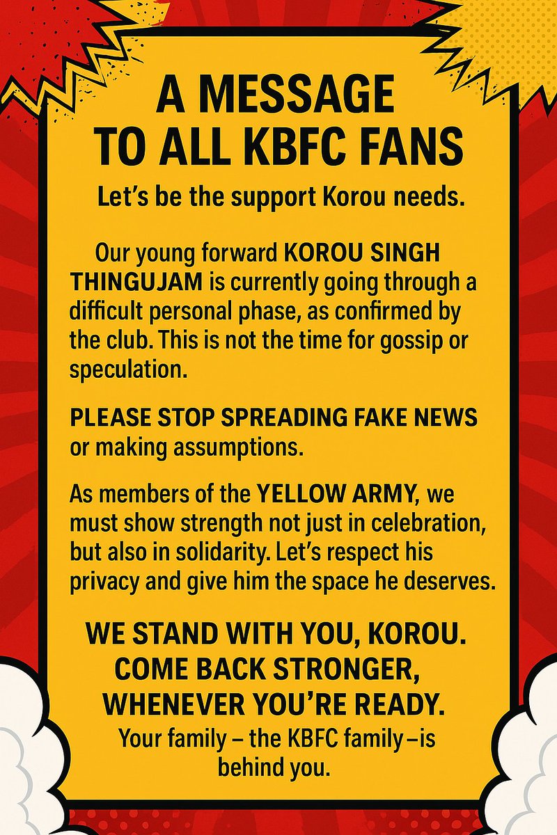 SUSHANT66366812's tweet image. 🚨 PLEASE STOP MAKING FAKE NEWS OR RUMOURS ABOUT HIS SITUATION. This a time to for empathy,  not Speculation

WE STAND WITH YOU, KOROU.
Come back Stronger when you&apos;re ready. 💛🙏🟡

#KBFC #UnitedForBetterBlasters 
#Family