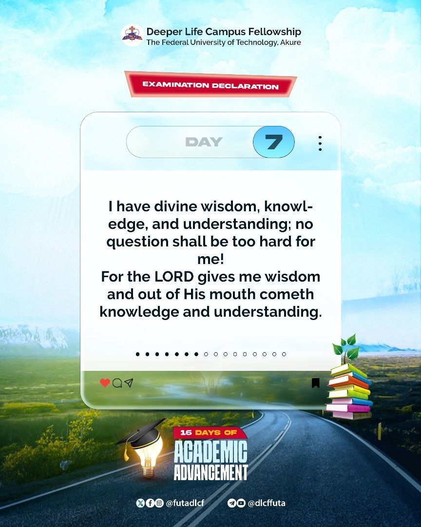 FutaDlcf's tweet photo. ππ Examination Day 7 π§ π₯
I have divine wisdom, knowledge, and understanding from GOD, No question will be too hard for me π
#ExamDeclaration #iwrite5dotΒ #dlcffuta https://t.co/weq13UVxmJ
