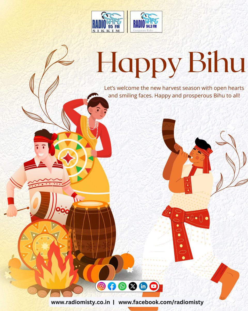 radiomisty943's tweet photo. Let the dhol beats and pepa tunes fill the air—Rongali Bihu is here!🎉
Celebrate the spirit of Assam with Radio Misty, where every beat tells a story!🎶
#RongaliBihu #BihuCelebration #RadioMisty #SoundsOfAssam #BihuVibes #MistyMoments #FestiveRhythms #BihuOnRadio https://t.co/qEr1Nlix53