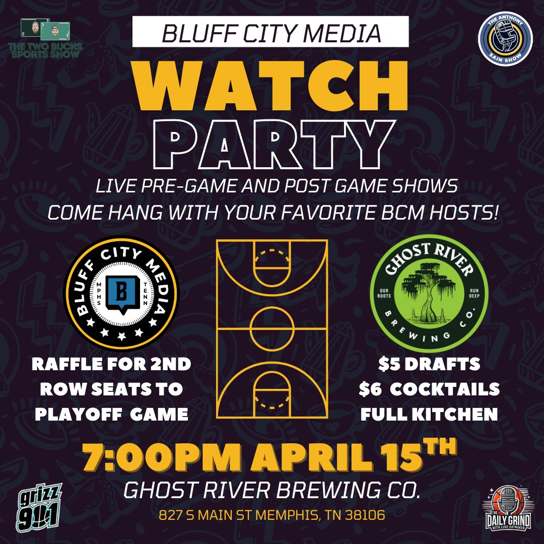 The Grizzlies face off against Golden State at 9pm on Tuesday night!

Come hang with your favorite <a href="/BluffCity_Media/">Bluff City Media</a> personalities at <a href="/GhostRiverBrew/">Ghost River Brewing</a> and watch the game.

Doors open at 7pm!

- Good food!
- Good drinks!
- Chance to win 2nd row seats to playoff game!