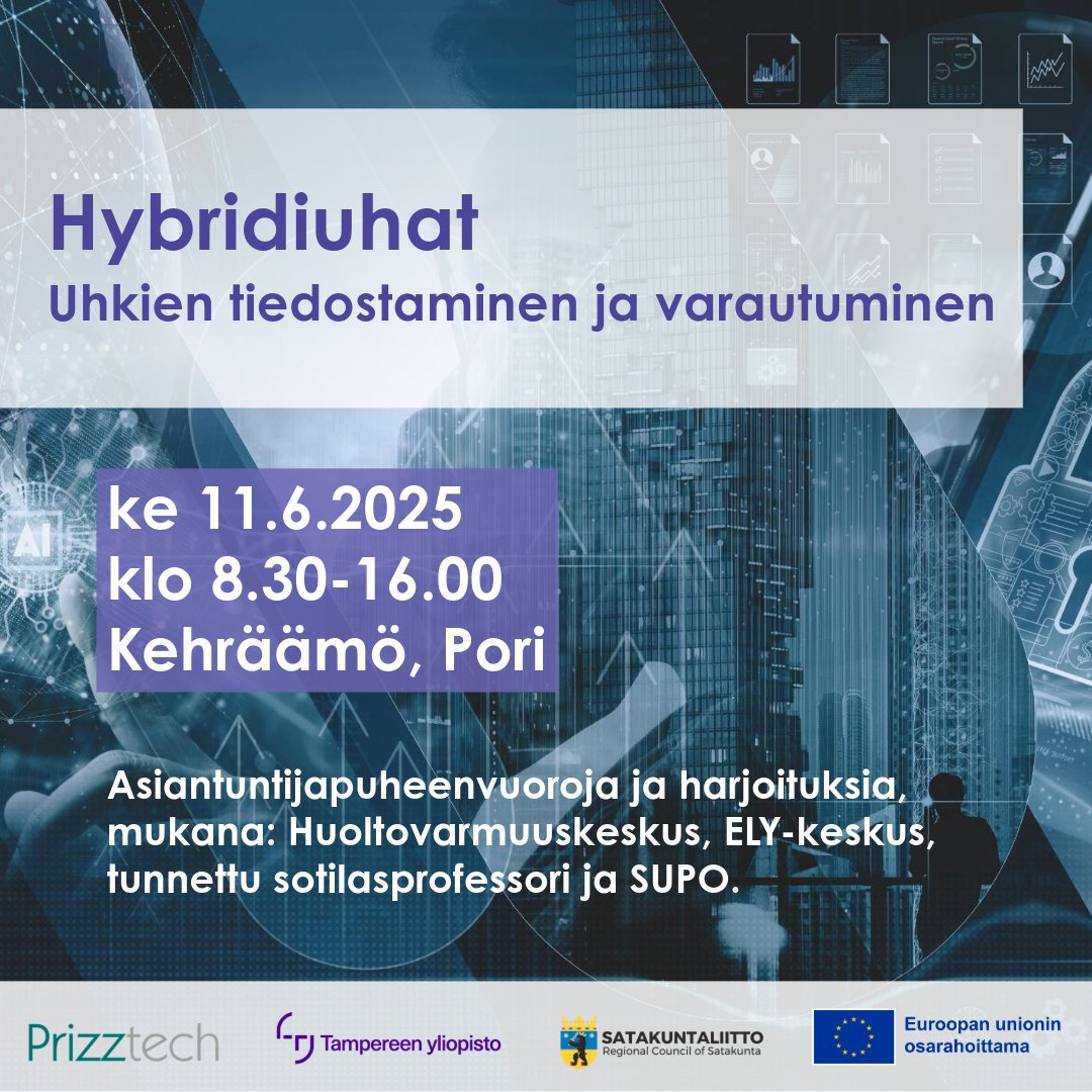 Hybridiuhat – uhkien tiedostaminen ja varautuminen 🔐
11.6.2025 klo 8.30–16.00 Kehräämö, Pori​

Lue lisää ja ilmoittaudu: prizz.fi/ajankohtaista/…

💡 Tapahtuma on maksuton ja avoin kaikille.​

#turvallisuus #huoltovarmuus #hybridiuhka #yritysturvallisuus #prizztech