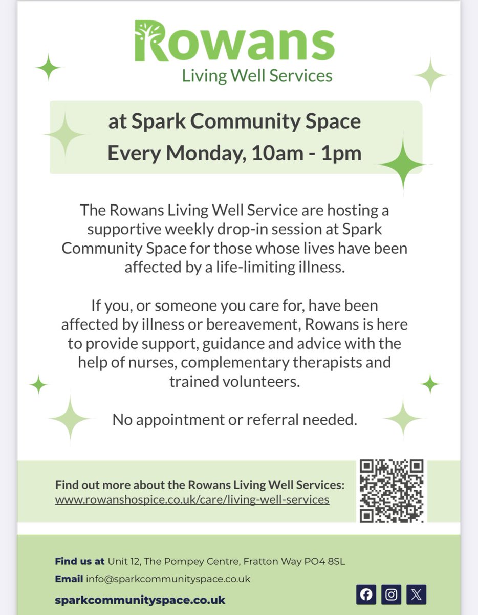 sparkintolife's tweet image. Today 10-1 inside Spark we have the @RowansHospice living well services hub and please pop along no appointment required if you need any advice support or just a kind cuppa 🌟 The Team are their for you - it’s completely free