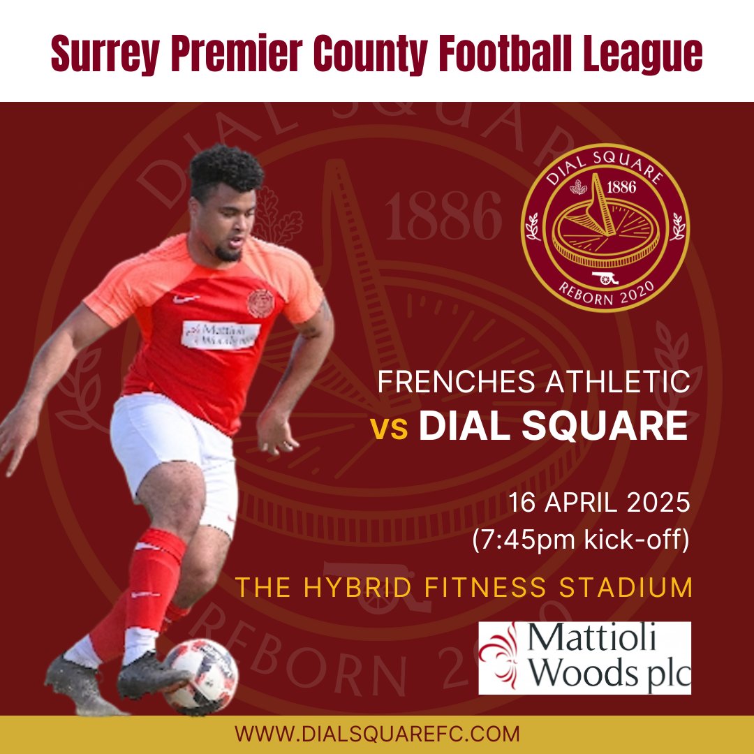 NEXT UP

Dial travel to <a href="/frenchesfooty/">Frenches Athletic FC 🏆</a> on Wednesday (16 April) in the <a href="/SurreyPremierFL/">Surrey Premier County Football League</a>. 7:45pm. k.o.  

To plan your journey, go to: dialsquarefc.com/a/spcfl-clubs-…

<a href="/NonLeagueCrowd/">Non League Crowds</a> <a href="/GoonerFanzine/">The Gooner</a> <a href="/AFSCLondon/">Arsenal Supporters Club 💥</a>
<a href="/NonLeagueHQ1/">NonLeagueHQ</a> <a href="/SurreyLiveSport/">Surrey Live Sport</a> <a href="/NonLeagueFix/">NonLeagueFixtures</a> <a href="/NLeagueToday/">Non League Today</a> <a href="/NonLeagueGuys/">The Non League Promoters</a>