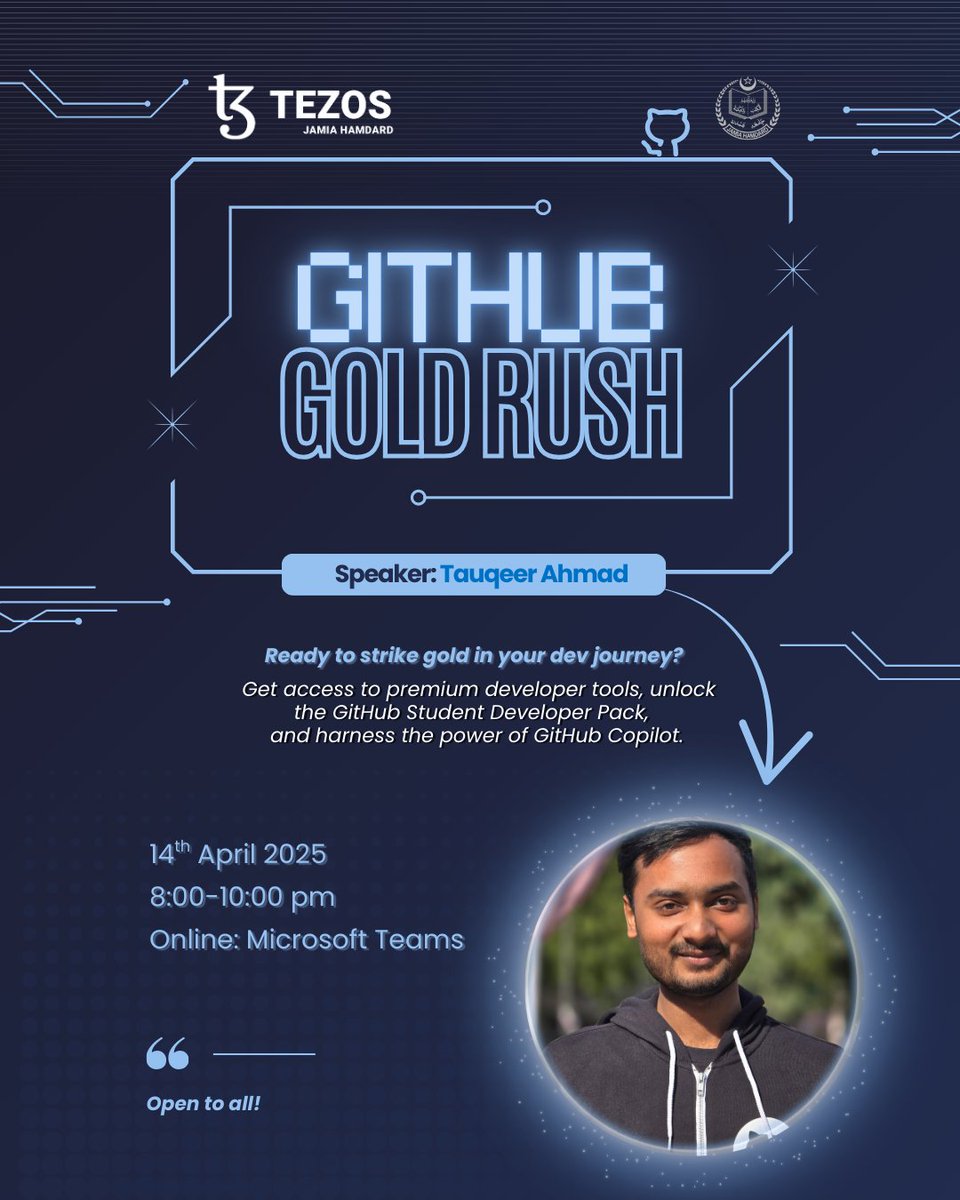 Tezosclubjh's tweet photo. ⚡ TEZOS JH presents: GitHub Gold Rush

Unlock your FREE GitHub Student Pack &amp; explore tools like:
👨‍💻 GitHub Copilot
⚡ GitHub Pro
🌐 Free domains &amp; cloud credits

📅 14 April | 🕗 8–10 PM | 💻 MS Teams
🎯 Register: https://t.co/wSZJt0bGNh

#GitHubStudentPack #TezosJH #GithubRush https://t.co/nEDf3rvF6e