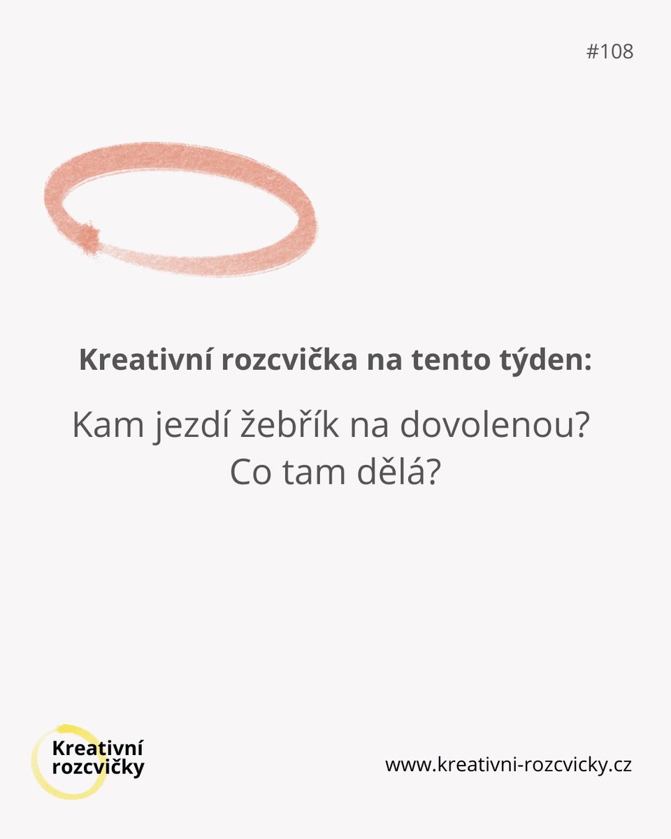 Pondělní kreativní rozcvička #108

👉 Kam jezdí žebřík na dovolenou? Co tam dělá?
 
Už vyhlížíte letní dovolenou? 

Ale kam 🪜 žebříky jezdí na dovolenou a co tam dělají? To já nevím 🤷‍♂️ 

Budu moc rád, když mi to napíšete. 

Kreativitě zdar 👋 

 #KreativniRozcvicka