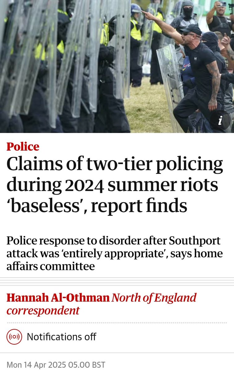 Gavin Hales (@gmhales) on Twitter photo "The way police responded to the riots that swept the country last summer was “entirely appropriate”, a <a href="/CommonsHomeAffs/">Home Affairs Committee</a> report has found.
MPs... said that claims of “two-tier policing” were “baseless”." "The way police responded to the riots that swept the country last summer was “entirely appropriate”, a <a href="/CommonsHomeAffs/">Home Affairs Committee</a> report has found.
MPs... said that claims of “two-tier policing” were “baseless”."