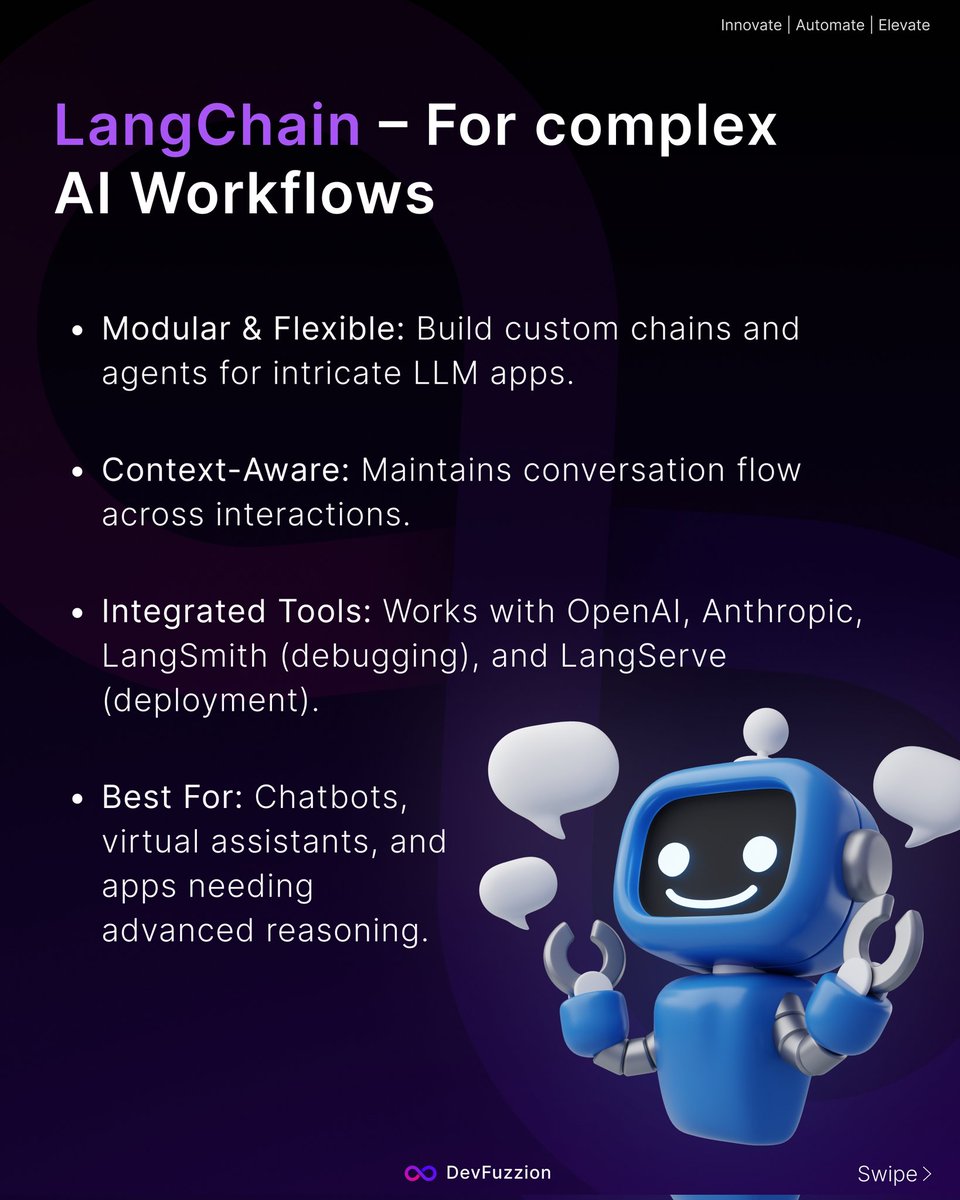 devfuzzion's tweet image. LangChain vs LlamaIndex:
LangChain = complex workflows & agents.
LlamaIndex = fast, accurate data retrieval for RAG.
Choose based on your AI project’s needs.
#LangChain #LlamaIndex #AItools #LLM #ai #virtualassistant #OpenAI #Grok #airevolution